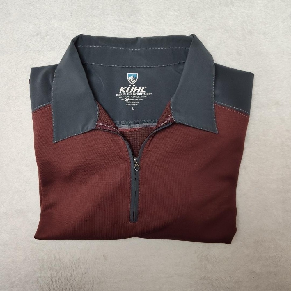 Kuhl Polo Shirt Mens L Brown Colorblock 1/4 Zip Performance Casual Athletic Hike